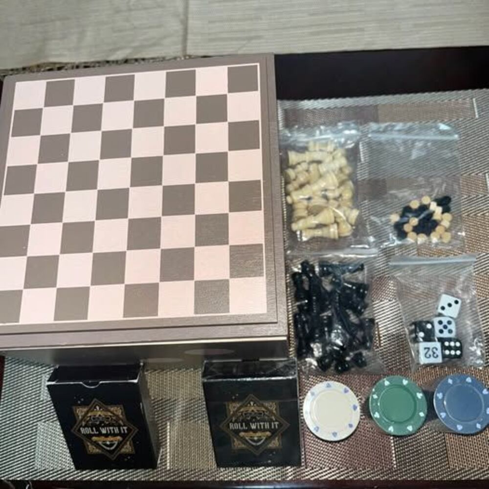 Studio Mercantile 5-in-1 Dice Box Game Wooden Chess Backgammon Cards Lot